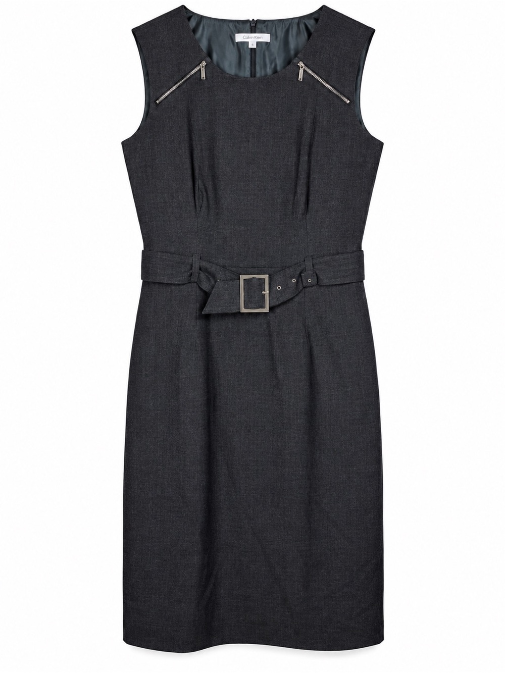 Sandra Darren Gray Belted Sheath Dress Size 8 Zip Detail Sleeveless Career